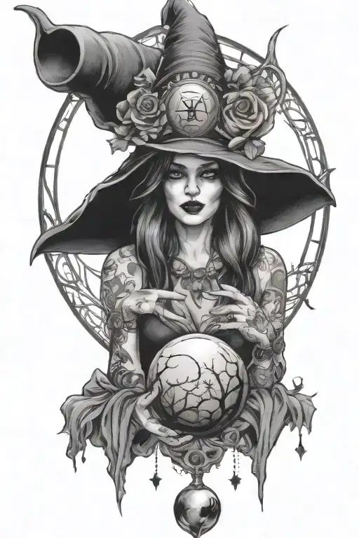 Witch With Crystal Ball And Moon Phases
