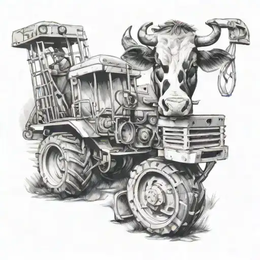 A Realistic Black And Grey Tattoo Of A Cow Operating An Excavator On A Farm