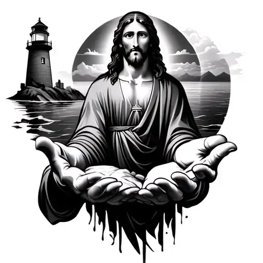 Jesus Open Hands Beside Lighthouse