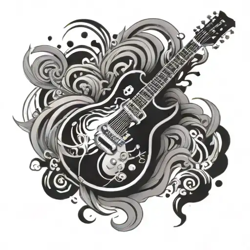 An Abstract Black And Grey Tattoo Of A Guitar Surrounded By Smoke And Music Waves