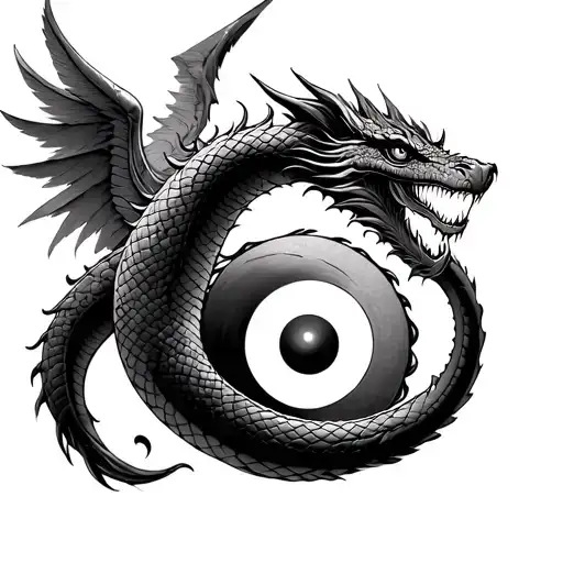 Draw A Sketch Of A Tattoo Where The Circle Of Yin-yan Douses A Snake And A Dragon With Wings