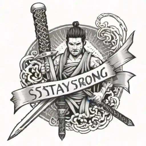 Japanese Sword With The Message Stay Strong Man Holding