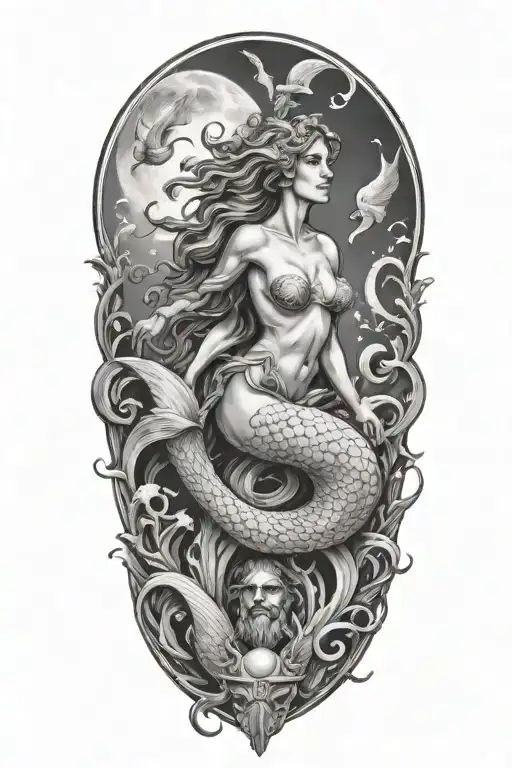 Greek Mythology Inspired Tattoo Featuring A Mermaid A Boat And Poseidon