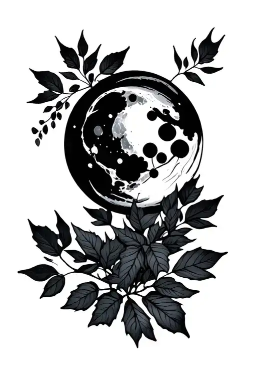 Fine Line Dainty Nature Inspired Tattoo Focusing On A Snow Moon And Falling Leaf