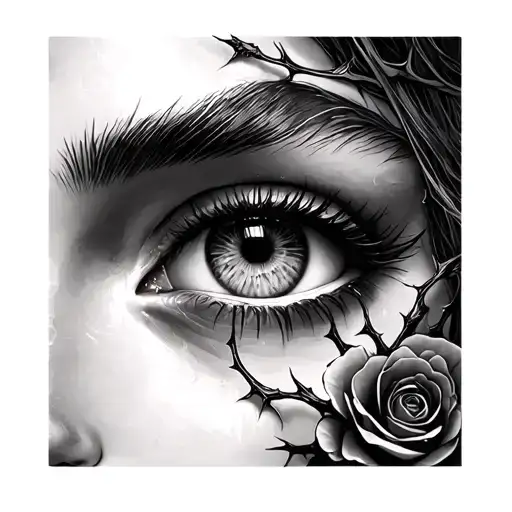 Woman Eyes Between Rose Thorns