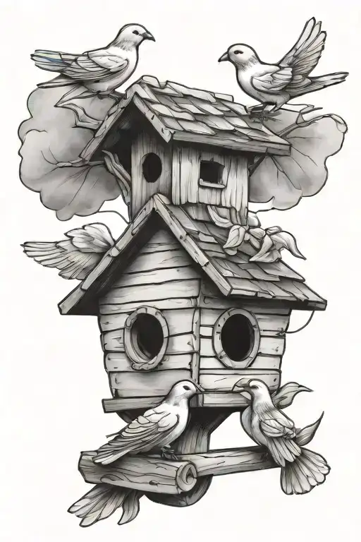 Bird House With 2 Doves Flying