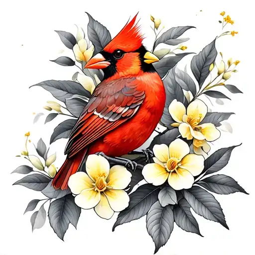 Yellow Jasmine And Red Cardinal Perched