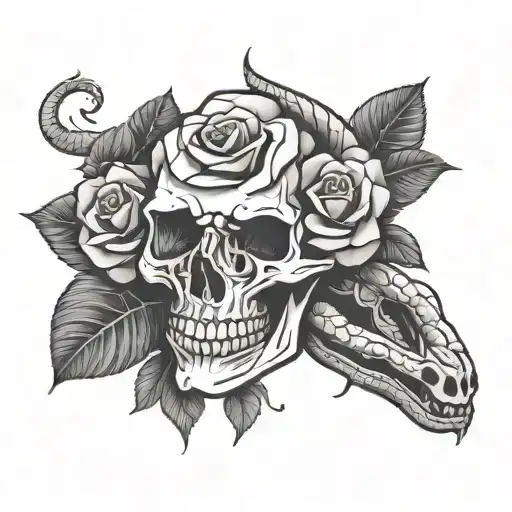 Minimal Skull With A Rose And A Snake Intertwined