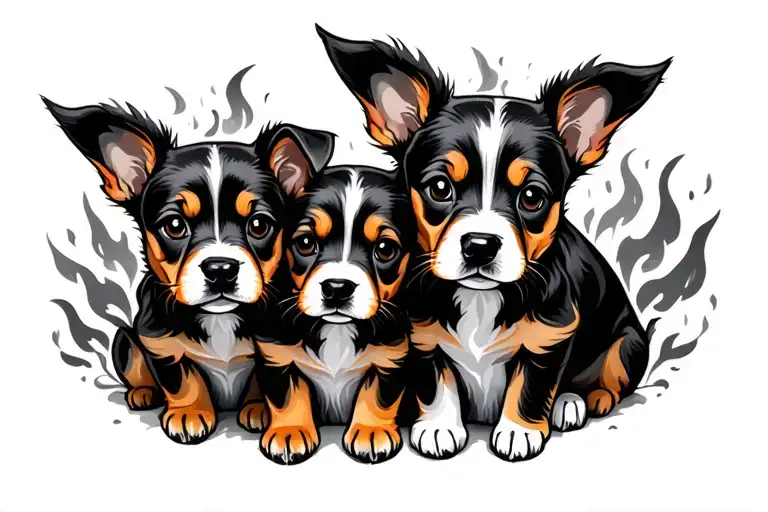 Family Of 2 Adults And 3 Face On Fire Puppies