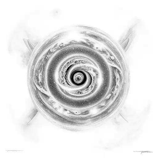 A Black-grey Tattoo Depicting An Otherworldly Spaceship Hovering Over A Spiral Galaxy