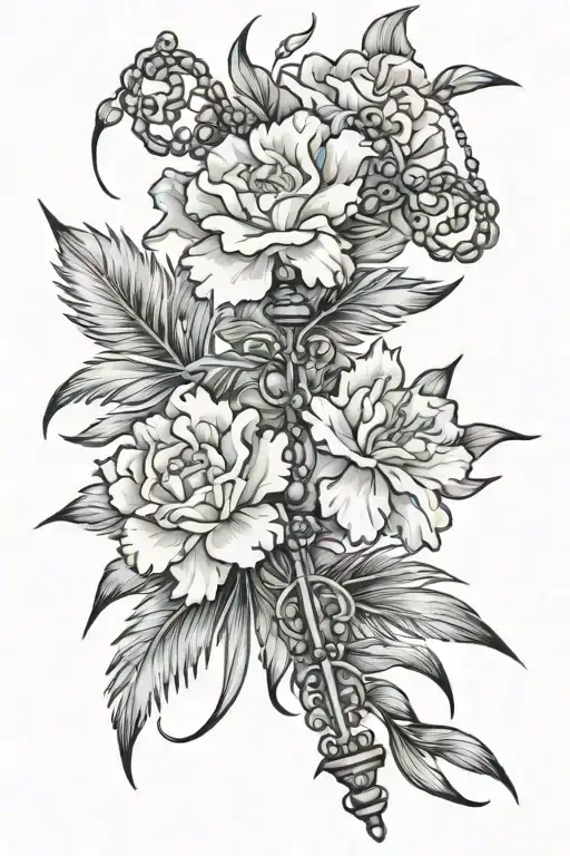 Carnation Flowers And Palm Branches And Rosary Intertwined