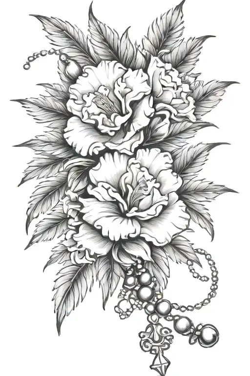 Carnation Flowers And Palm Branches And Rosary Beads