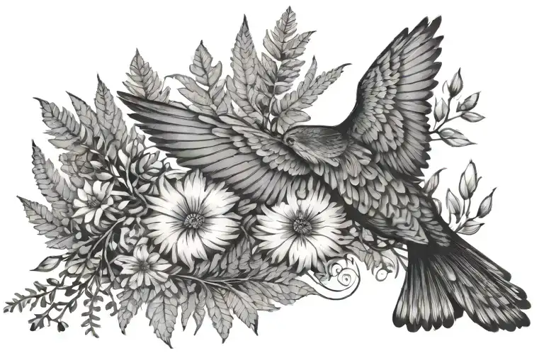 Flying Bird With Fern And Flowers In The Background