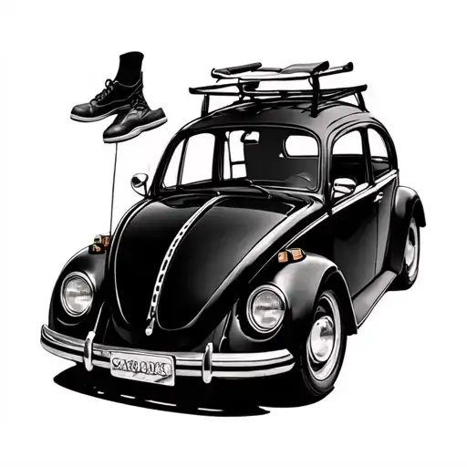 1971 Vw Beetle Black And White Abstract With Roof Rack And Shoes Tied To The Roof Rack
