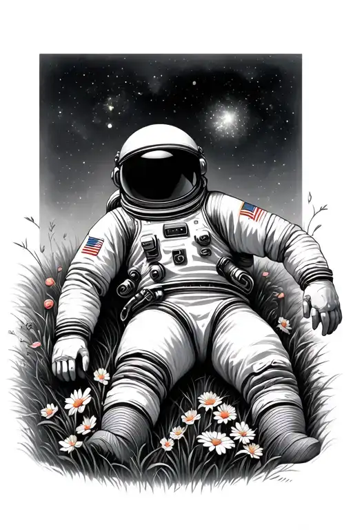 Astronaut Laying On The Grass And Flowers Looking At The Sky