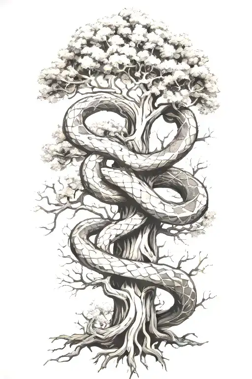 Snake Wrapped Around A Full Oak Tree With Branches