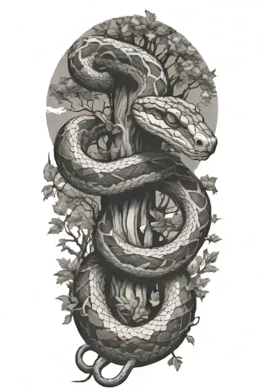 Snake Wrapped Around A Full Oak Tree Striking Upwards