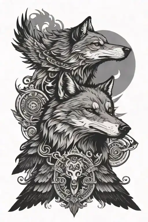 Wolf Face And Raven Flying