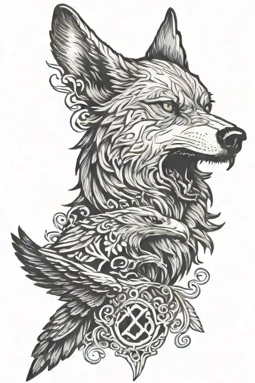 Wolf Head And Raven Flying