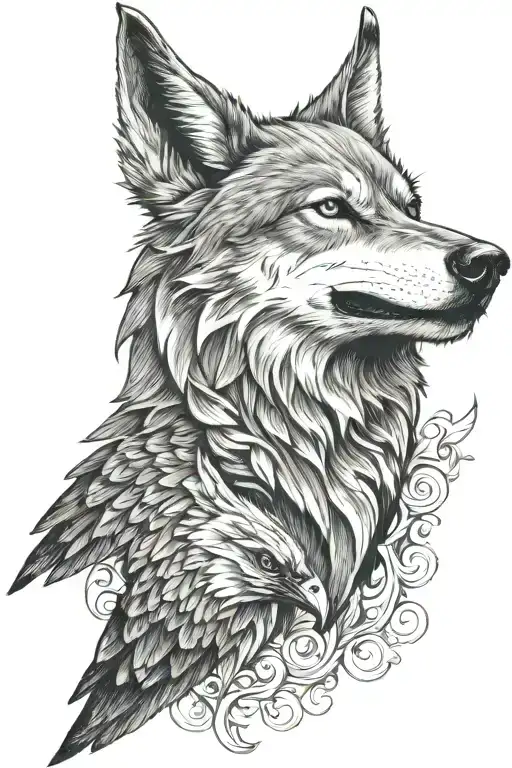 Wolf Head And Raven Flying