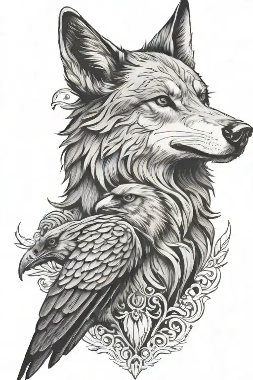Wolf Head And Raven Sitting