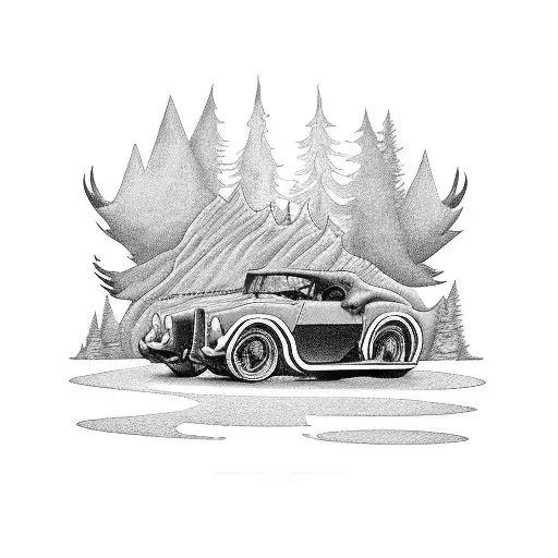 A Black And Grey Tattoo Of A Demonic Cat Driving A Vintage Car Through A Haunting Forest