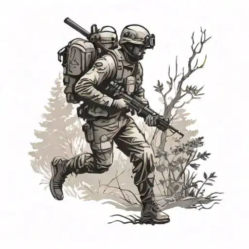A Silhouette Of A Soldier Running Through A Forest
