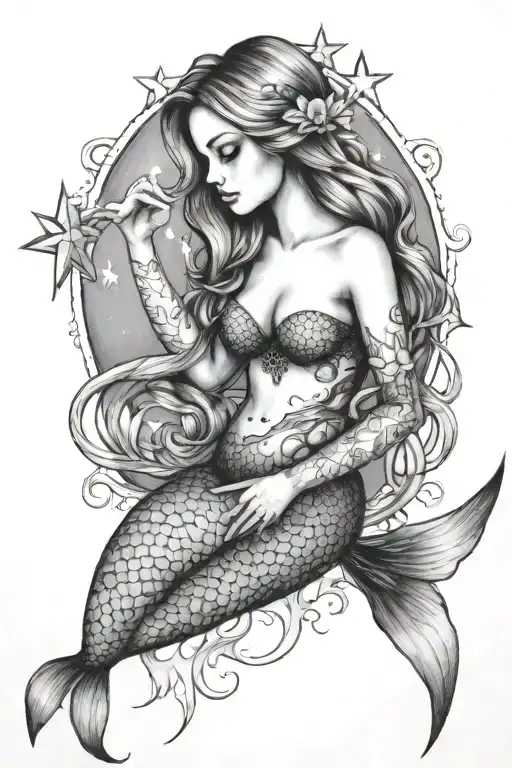 Mermaid Holding Star Filled Sky