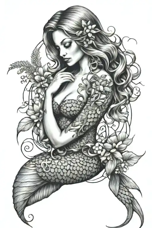 Mermaid Holding Plants Intertwined