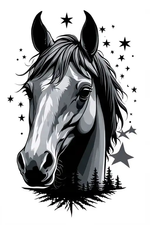 Horse Head With Stars And Moon Inside With Trees Background Looking