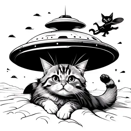 A Cat Being Abducted By A Ufo With A Evil Cat Flying The Ufo