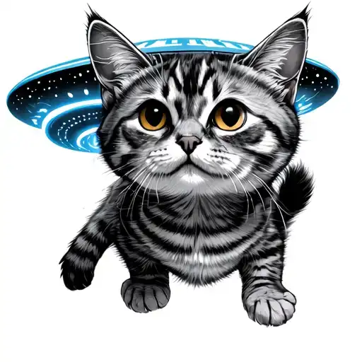 A Cat Being Abducted By A Ufo Funny Tatto Idea