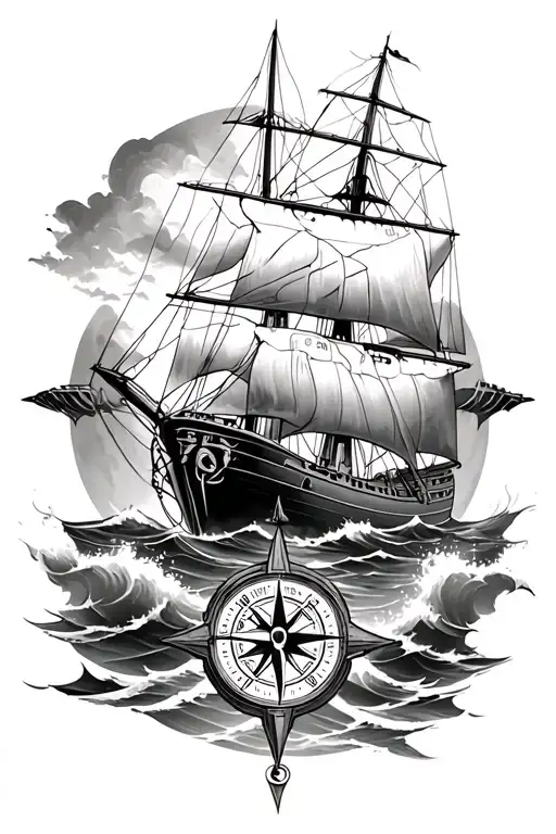 A Full Back Tattoo With A Compass And Infron Of It To Have A Sailboat On Stormy Seas