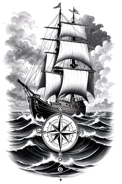 A Full Back Tattoo With A Compass And Infron Of The Compas To Have A Sailboat On Stormy Seas