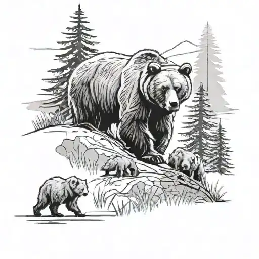Grizzly Bear With 3 Cubs Walking In The Forest