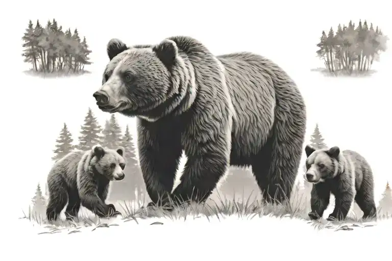 Grizzly Bear With 3 Cubs Walking In The Forest