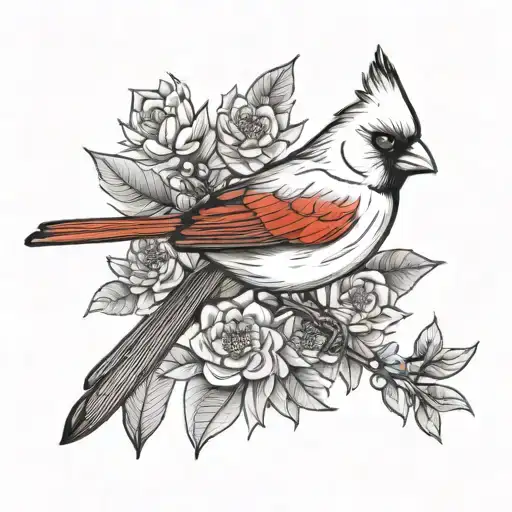 A Cardinal Bird Holding An Aster Flower And A Holly Branch
