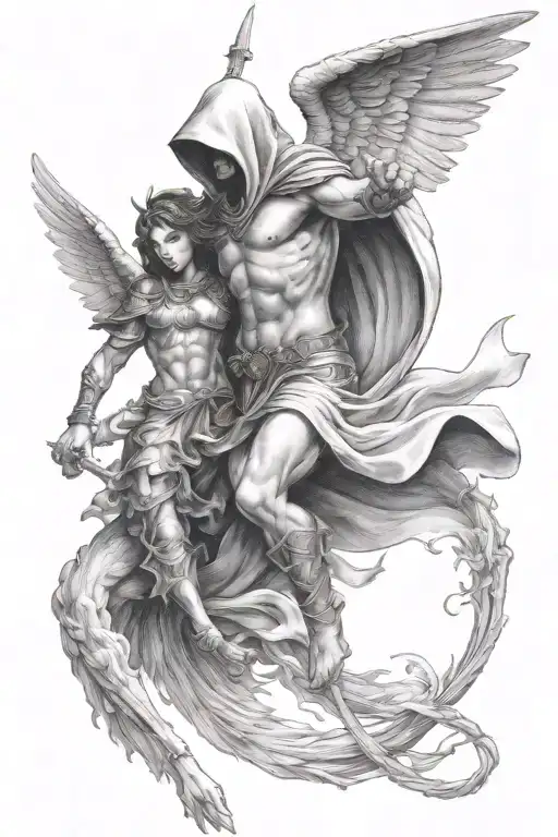 Hooded Arch Angel Defeating A Demon