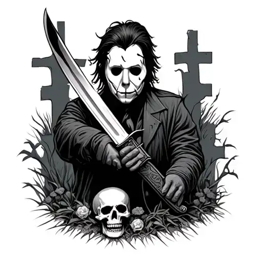 Tattoo Sleeve Of Michael Myers Holding His Knife Over A Cemetery With A Skull And Pennywises Face Tattoo