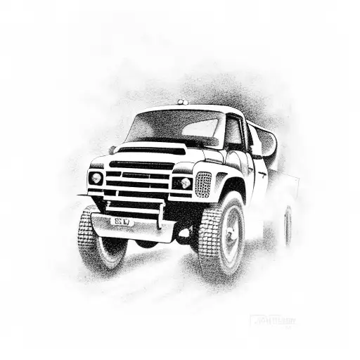 A Black And Grey Tattoo Of A Rugged 4X4 Truck Conquering A Challenging Off-road Trail
