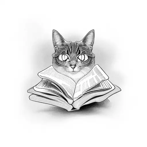 An Intricate Black And Grey Tattoo Of A Cat Reading A Book