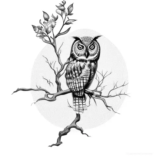 An Owl On An Apple Tree Branch With An Apple Blossom Flower