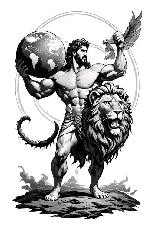 Hercules Holding World Wearing Lion Mane