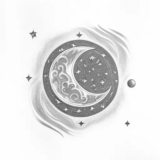 A Black-grey Tattoo Of A Crescent Moon Surrounded By Swirling Stars