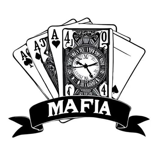 A Black Ink Tattoo Representing Time Passing With A Card Game And The Word Mafia