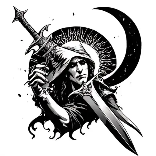 Witch With A Dagger In His Hands Above His Head A Crescent And Sun