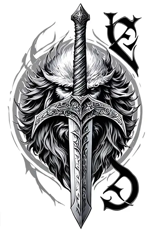 Norse God Odin Sword With Letter A Blackwork