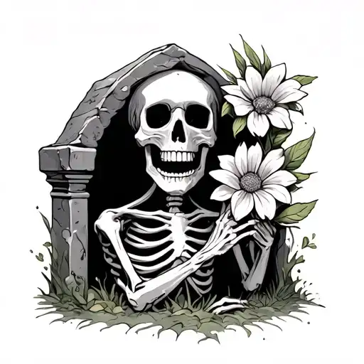 Skeleton Coming Out Of Grave Holding A Flower