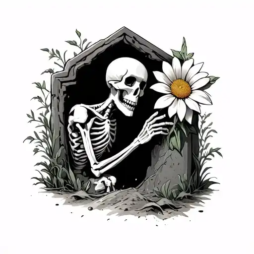 Skeleton Coming Out Of Grave Reaching For A Flower
