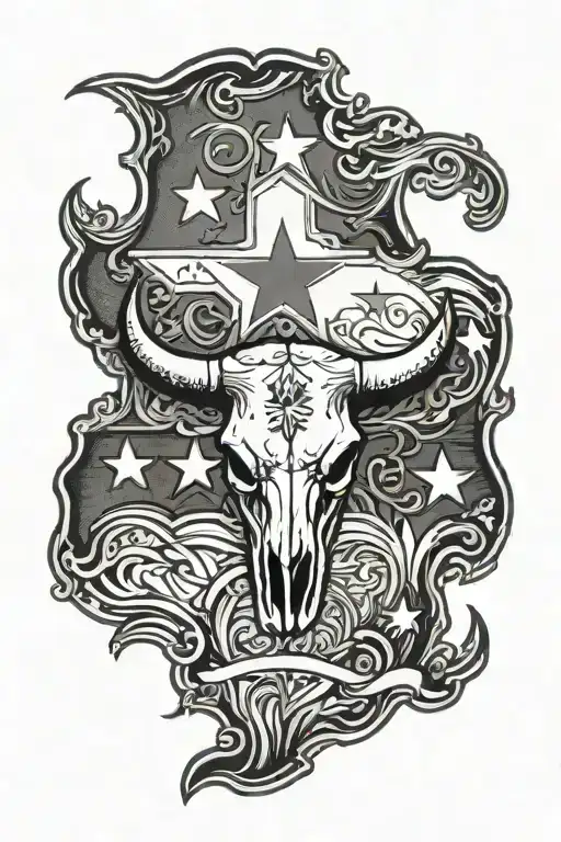 Texas State Outline With Longhorn Skull And The Texas Flag Waving